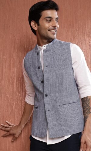 Blue Cotton Woven Nehru Jacket